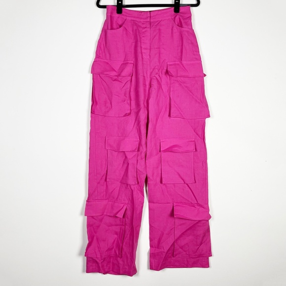 Selmacilek Wide Leg Cargo Multi Pocket High Rise Linen Fuchsia Pink Pant M - Picture 1 of 4
